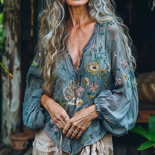 Bohemian Floral Linen Art Print Long Sleeve V-neck Shirt artswardrobe