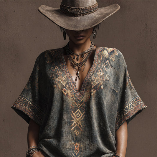 Bohemian Western Style Geometric Pattern Vintage V-neck Short-sleeved Shirt artswardrobe