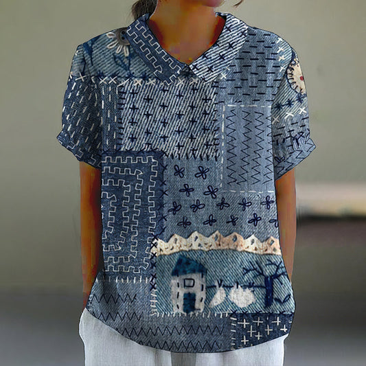 Vintage Japanese Traditional Art Lapel Linen Blend Blouse artswardrobe