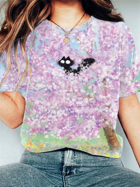 Comstylish Women's Casual Japanese Art Black Cat Print T-shirt