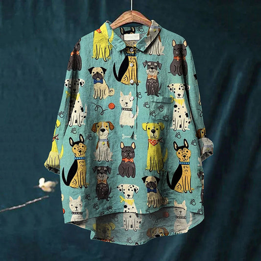 Comstylish Women's Cute Dog Art Print Casual Cotton And Linen Shirt