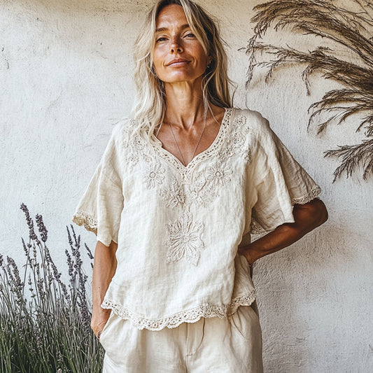 Comstylish Vintage Floral Art V Neck Cotton Linen Comfy Shirt