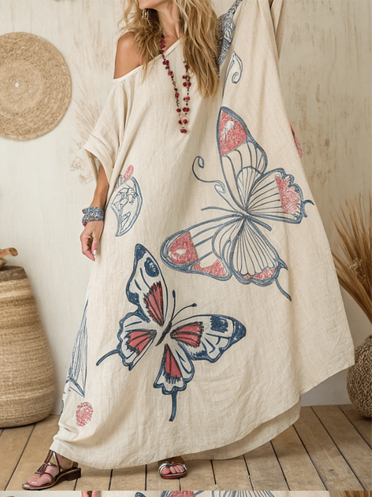 Nomad Spirit Ladies' Butterfly Art Linen Long Kaftan Dress artswardrobe