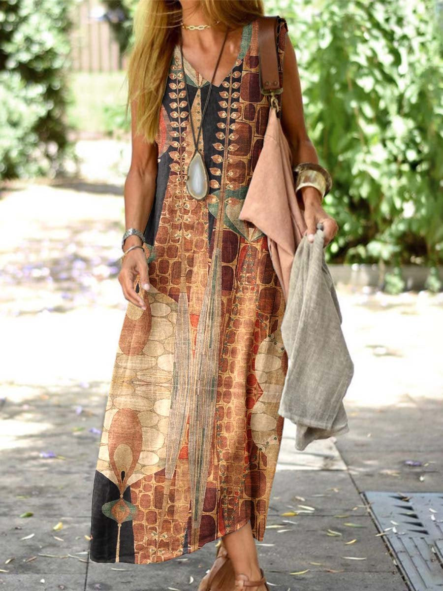 Women's Resort Style Floral Pattern Vest Style Loose Cotton and Linen Dress