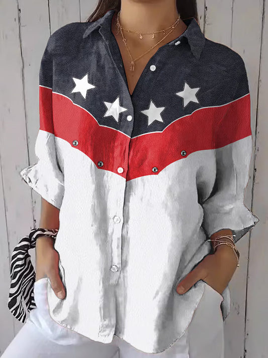 Comstylish Women's Independence Day Floral Casual Lapel Shirt