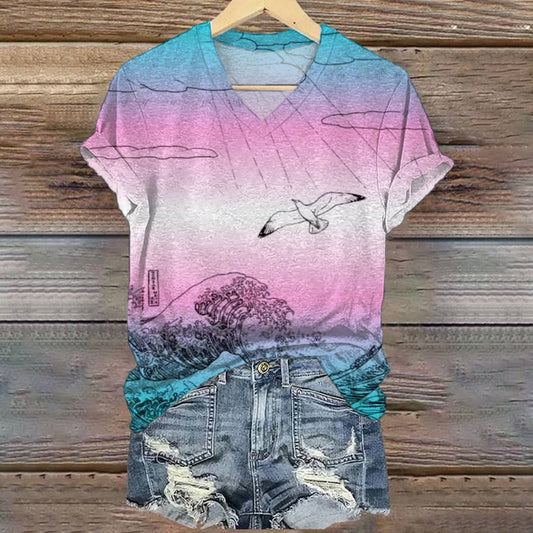 Comstylish Trans Pride Japanese Landscape Print Women's V-neck T-shirt