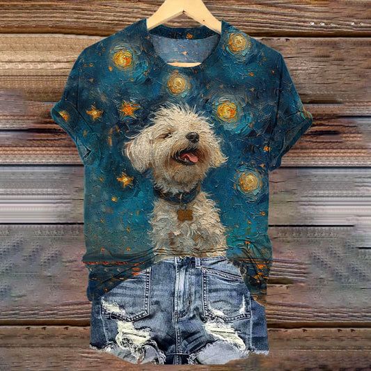 Comstylish Vintage Starry Sky Fun Dog Painting Art Short Sleeve T-shirt