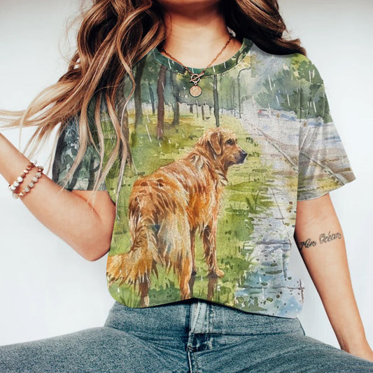 Comstylish Dog In The Rain Print Round Neck Short Sleeve Casual T-Shirt