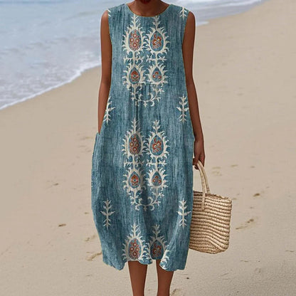 Vintage Loose Floral Ethnic Art Sleeveless Cotton And Linen Tank Dress artswardrobe