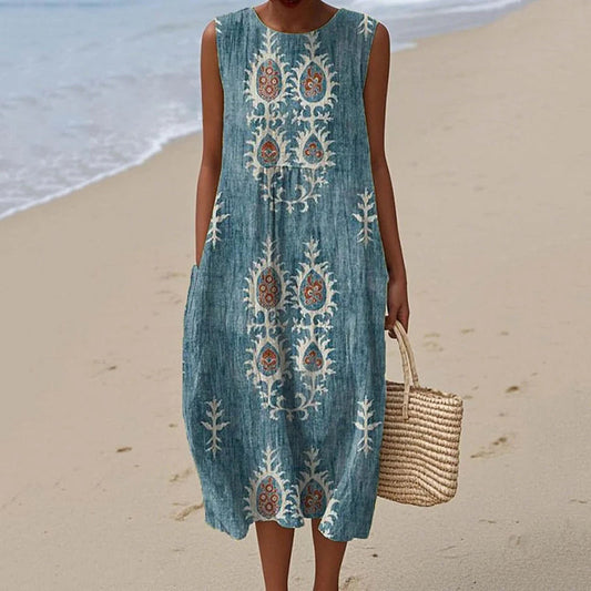 Vintage Loose Floral Ethnic Art Sleeveless Cotton And Linen Tank Dress artswardrobe
