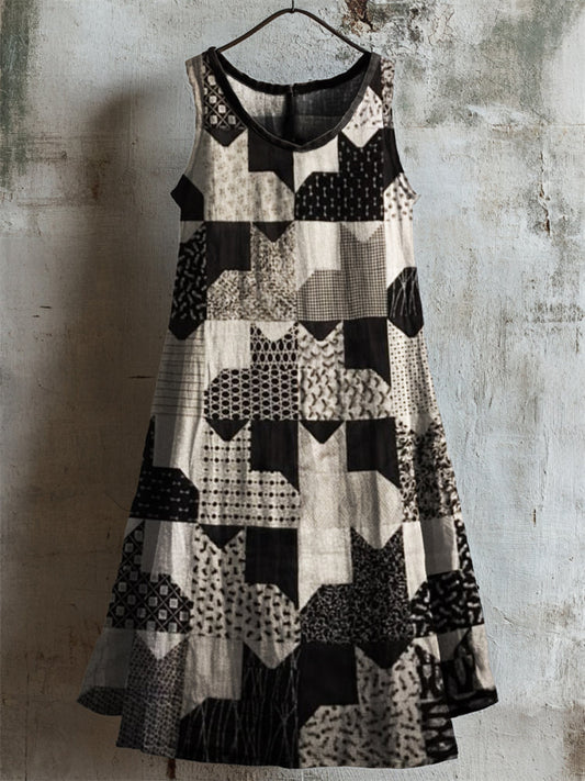 Comstylish Vintage Black & White Cats Contrast Patchwork Linen Dress