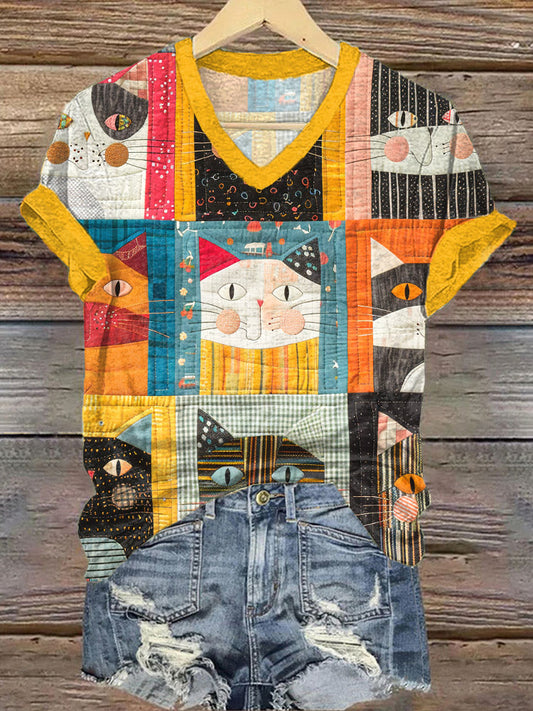 Cute Cat Patchwork Design V-Neck T-Shirt elevenforest