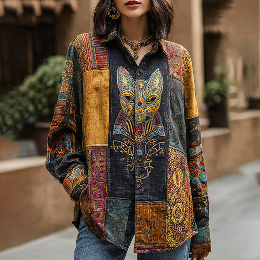 Women's Vintage Ancient Egyptian Cat Patchwork Lapel Linen Blend Shirt elevenforest