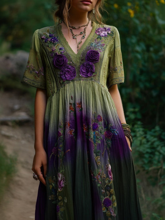 Vintage Purple Roses Embroidered Gradient Linen Maxi Dress artswardrobe