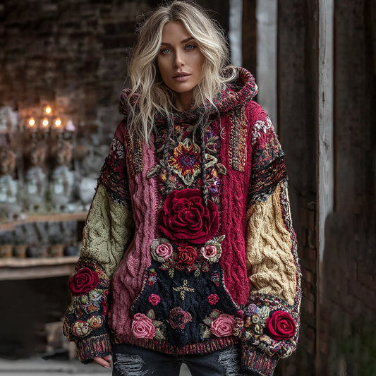 Comstylish Women's Bohemian Rose Ethnic Patchwork Art Cozy Hooded Sweater