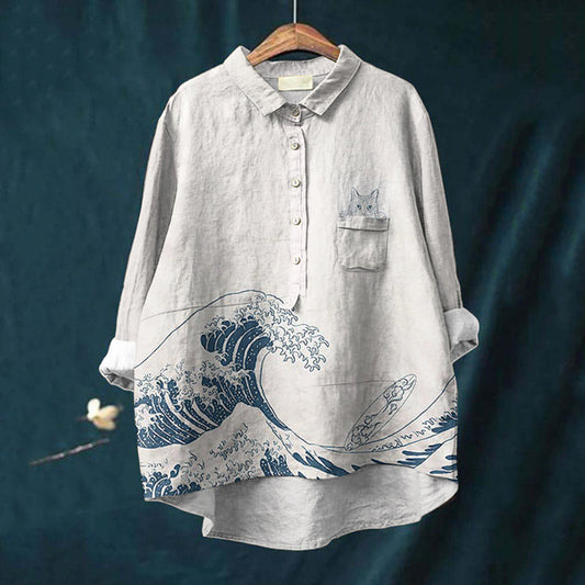 Comstylish Vintage Huge Waves And Pocket Cats Print Casual Cotton And Linen Shirt