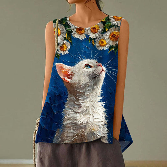 Cute Cat Looking Up Under The Sunflower Tank Top elevenforest