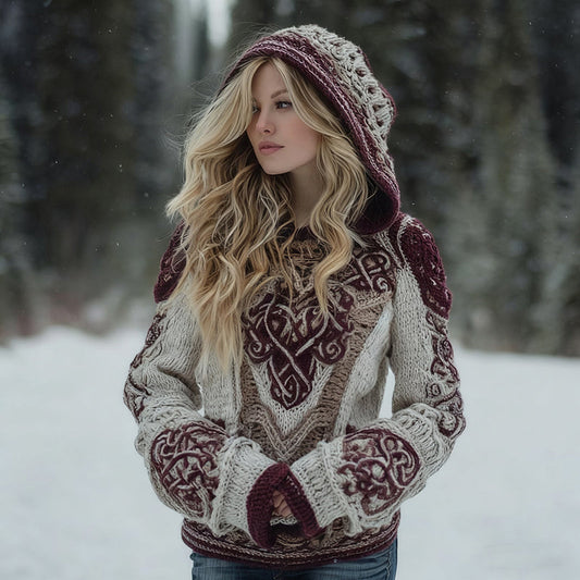 Comstylish Women's Vintage Viking Celtic Knot Art Cozy Knit Hooded Sweater