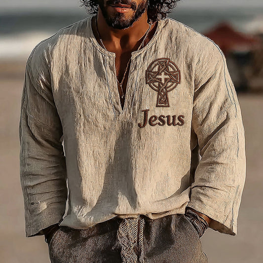 Men's Vintage Faith Cross Jesus Art Loose And Comfortable Cotton And Linen Long-sleeved Shirt elevenforest