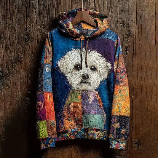 Comstylish Vintage Lovely Cute Yorkshire Terrier Patchwork Inspired Washed Hoodie