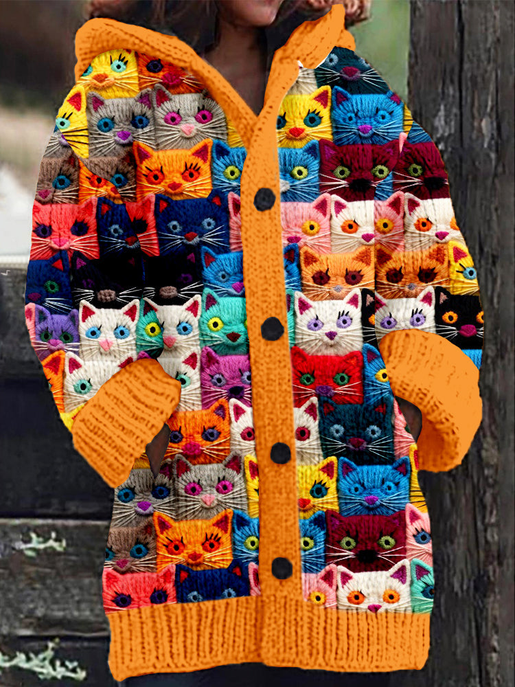 Whimsical Cat Embroidered Cozy Hooded Cardigan elevenforest