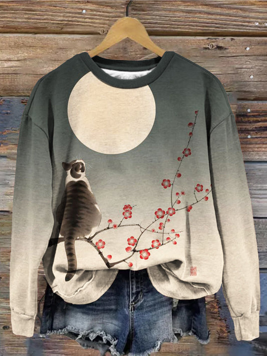 Cat on Plum Branch Art Vintage Cozy Sweatshirt elevenforest