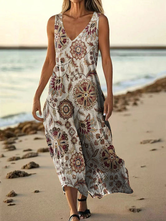 Women's Vintage Folk Floral Art Print V Neck Sleeveless Pocket Cotton