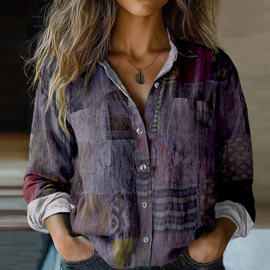 Comstylish Bohemian Style Floral Patchwork Linen Print Long Sleeve Shirt