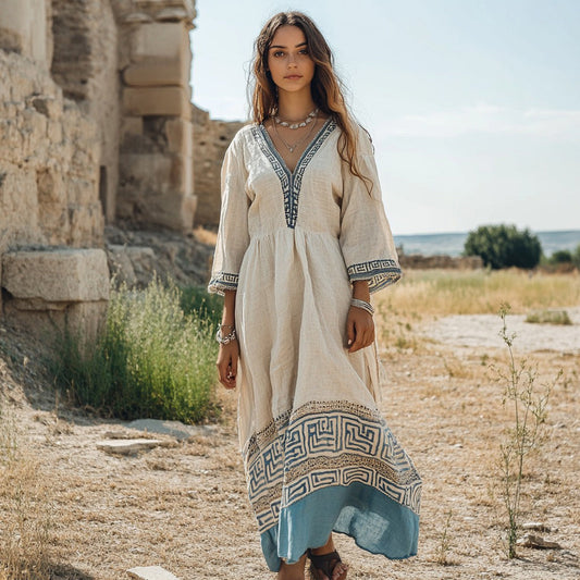 Retro Greek Key V Neck Linen Blend Maxi Dress artswardrobe
