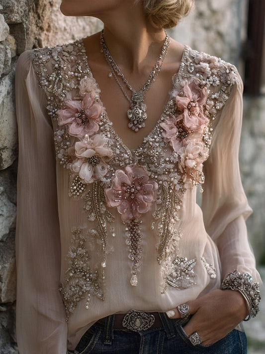 Comstylish Vintage Pink Flowers Embroidered V Neck Linen Shirt