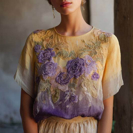 Vintage Purple Roses Embroidered Gradient Linen T Shirt artswardrobe