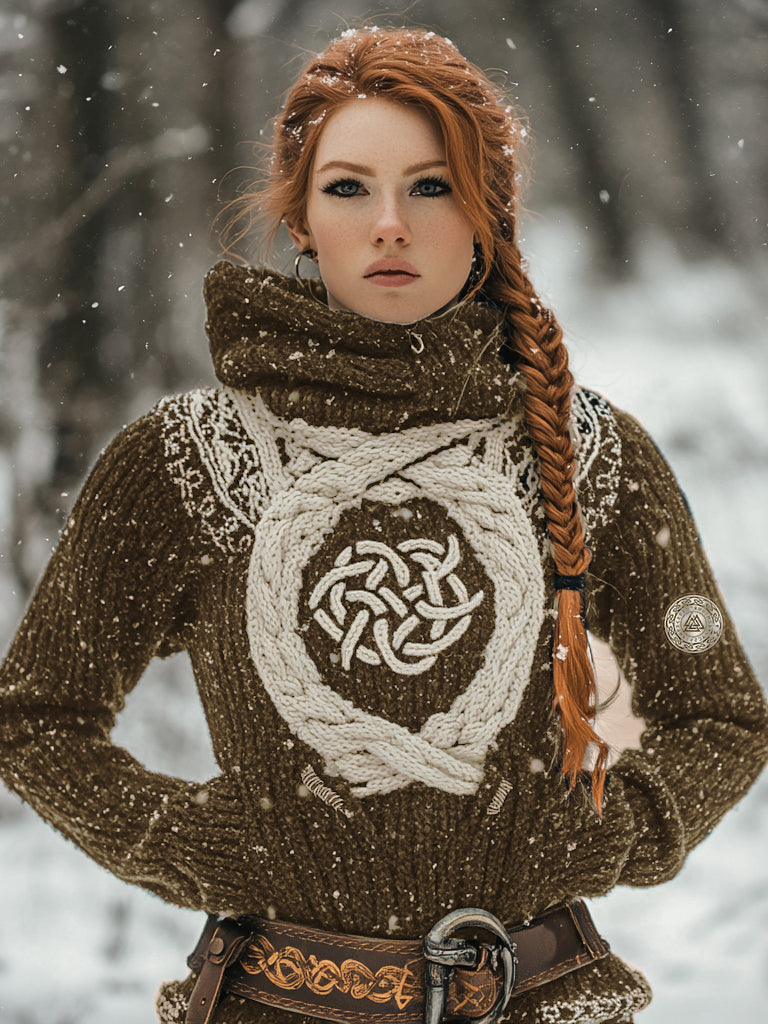 Women's Viking Tribal Jacquard Celtic Inspired Chunky Knit Hooded Sweater elevenforest