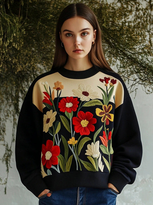 Comstylish Vibrant Floral Embroidery Women's Crew Neck Sweatshirt
