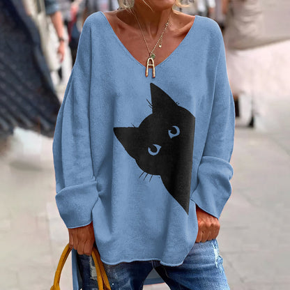 Comstylish Women's Classic Peek-A-Boo Hiding Black Cat Painting Print Long Sleeve T-Shirt