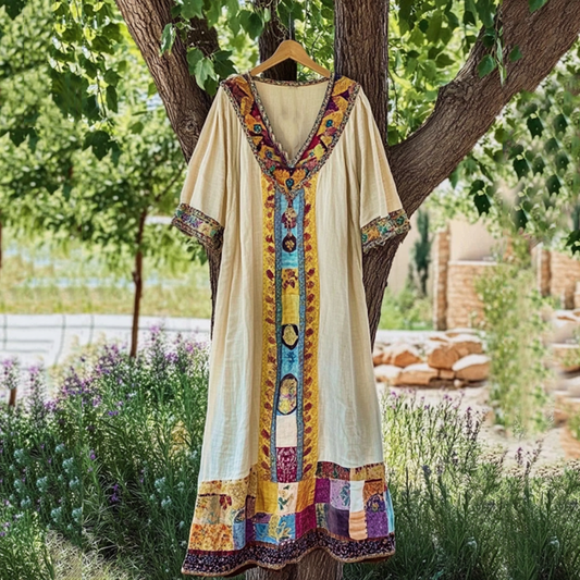 Vintage Patchwork Art Linen Short Sleeve Tank Dress artswardrobe