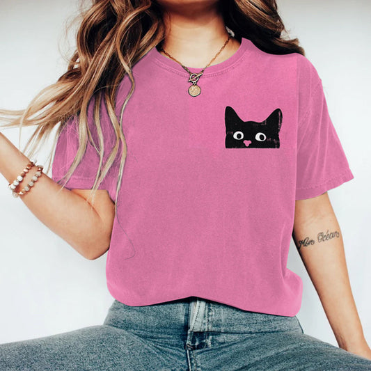 Comstylish Funny Black Cat Print Vintage Casual T-shirt