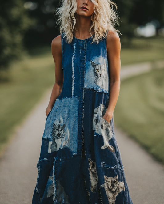 Comstylish Women's Patchwork Cat Design Midi Dress