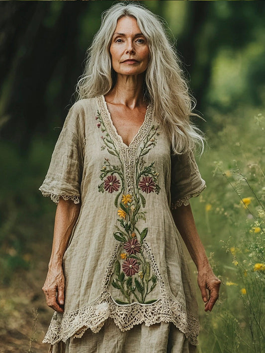 Vintage Floral Lace Patchwork Embroidery Women's Linen V-neck Maxi Dress artswardrobe