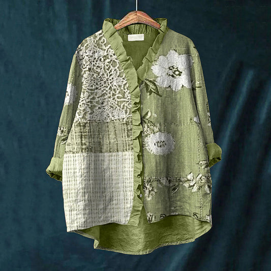 Elegant Floral & Lace Patchwork Linen Ruffle Shirt artswardrobe