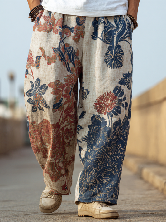 Western Bohemian Style Plant And Flower Pattern Retro Cotton And Linen Men's Loose Wide-leg Pants artswardrobe