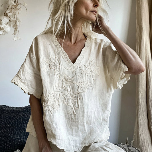Comstylish Vintage Floral Art Cotton Linen Comfy Shirt
