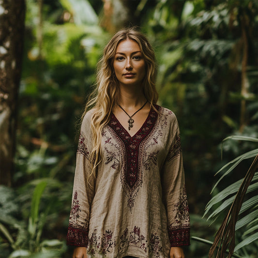Comstylish Vintage Bohemian Embroidered Linen V-neck Shirt
