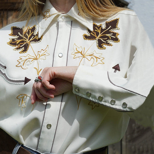 Comstylish Casual Fall Embroidery Art Western Style Rodeo Long Sleeve Shirt