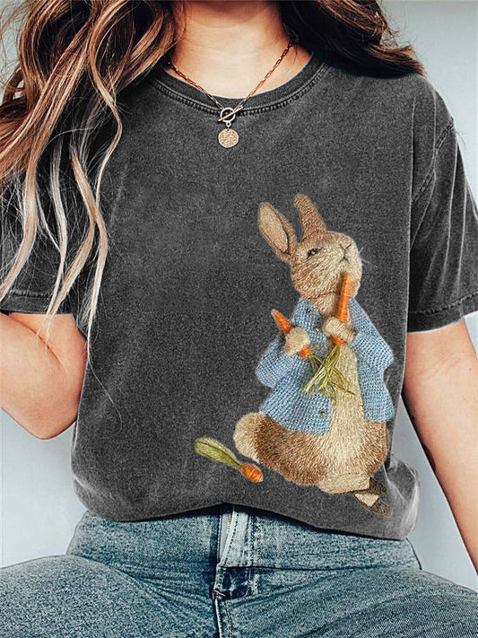Cute Bunny Embroidery Pattern Casual T-Shirt artswardrobe