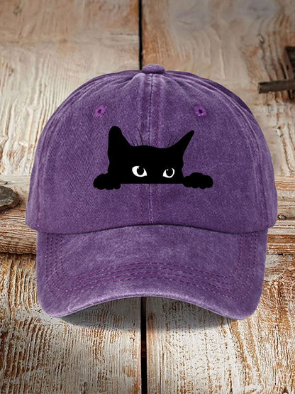 Comstylish Unisex Washed Cotton Bend Casual Black Cat Print Hat