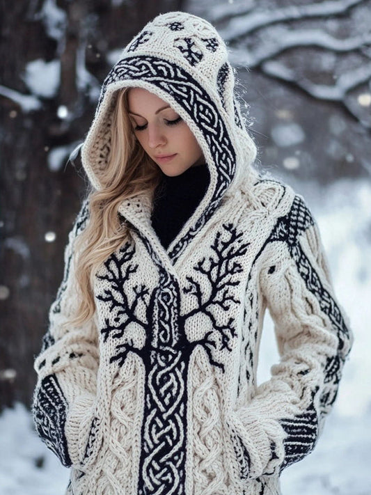 Women's Viking Inspired Celtic Knot Jacquard Knit Hooded Cardigan elevenforest