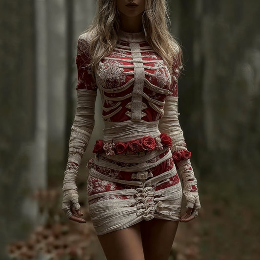 Women's Vintage Red Rose Skeleton Art Knit Mini Sweater Dress artswardrobe