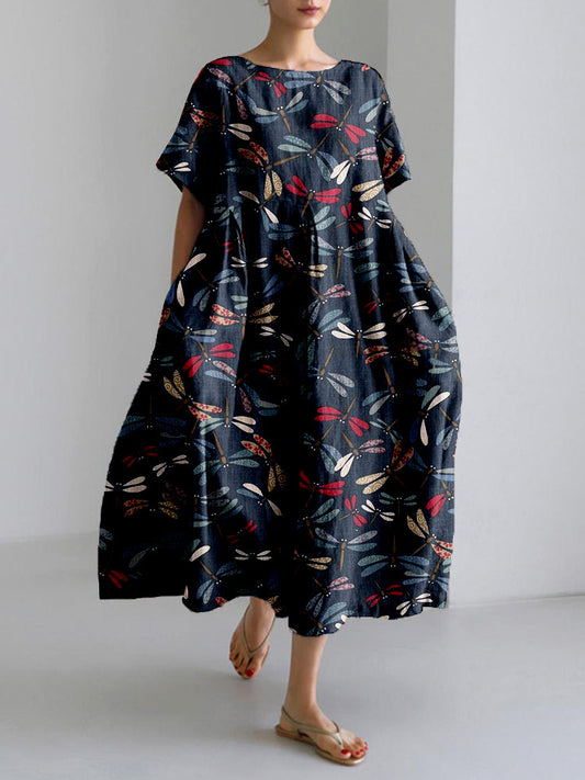Comstylish Traditional Colorful Dragonfly Japanese Art Linen Blend Maxi Dress