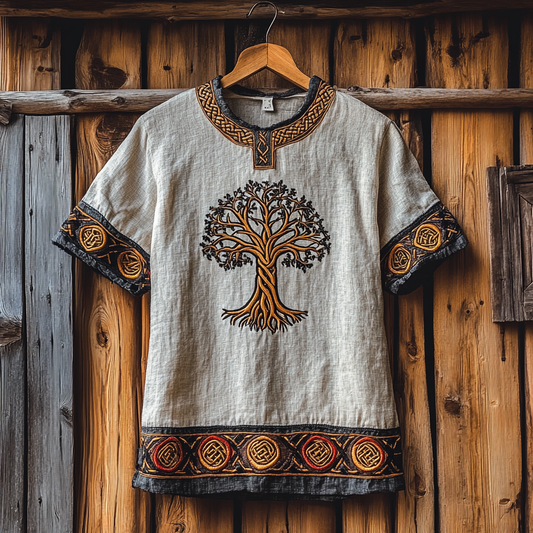 Men's Viking Tribal Celtic Embroidered Linen T-shirt artswardrobe