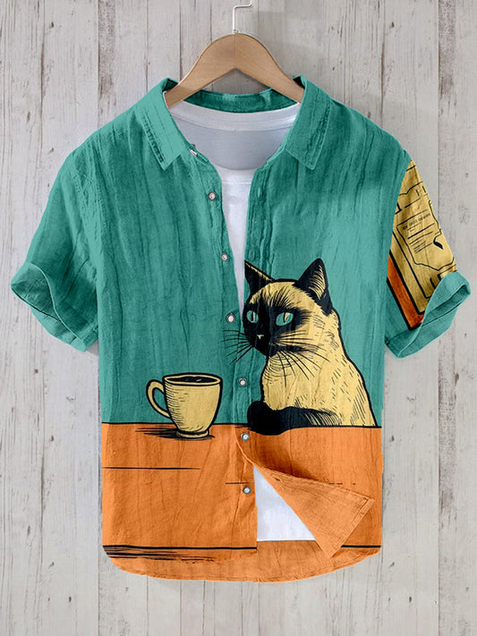Siamese Cat Chilling with Coffee Linen Blend Shirt elevenforest